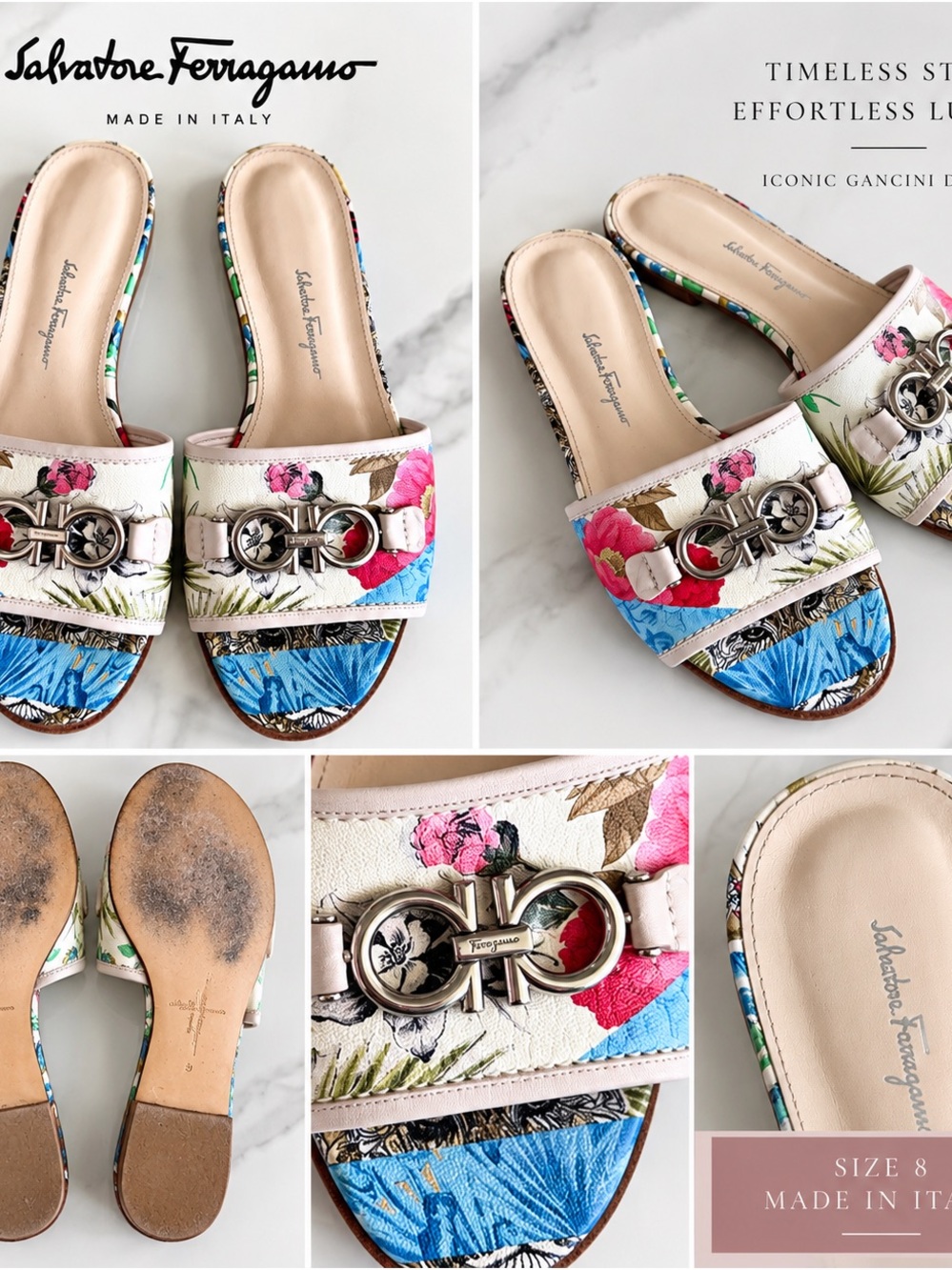 Salvatore Ferragamo White Floral Gancini Slide Mules